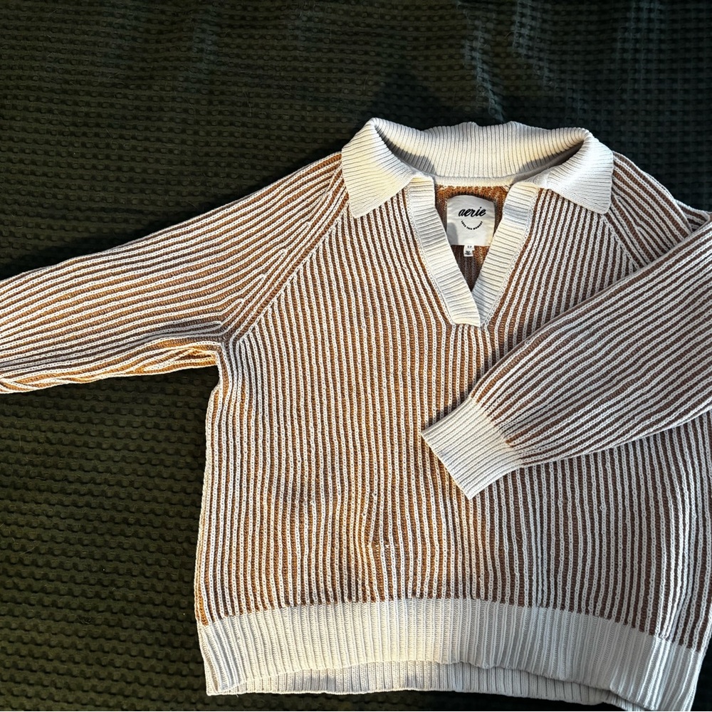 Aerie Brown and White Striped Sweater